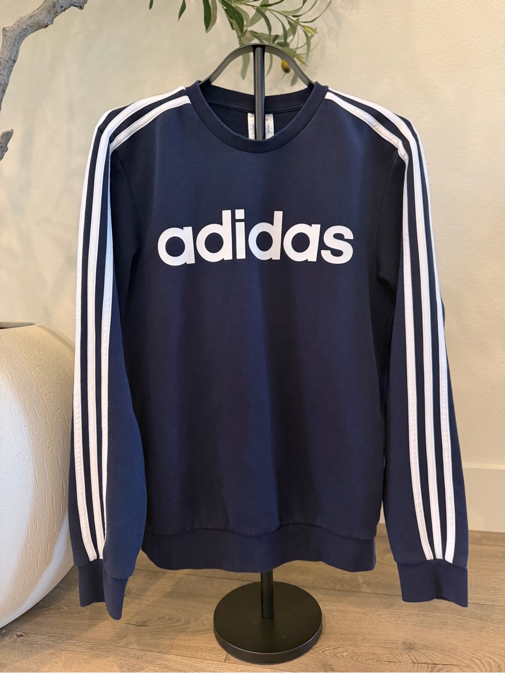 adidas Navy Crewneck Sweatshirt with White Logo and Stripes